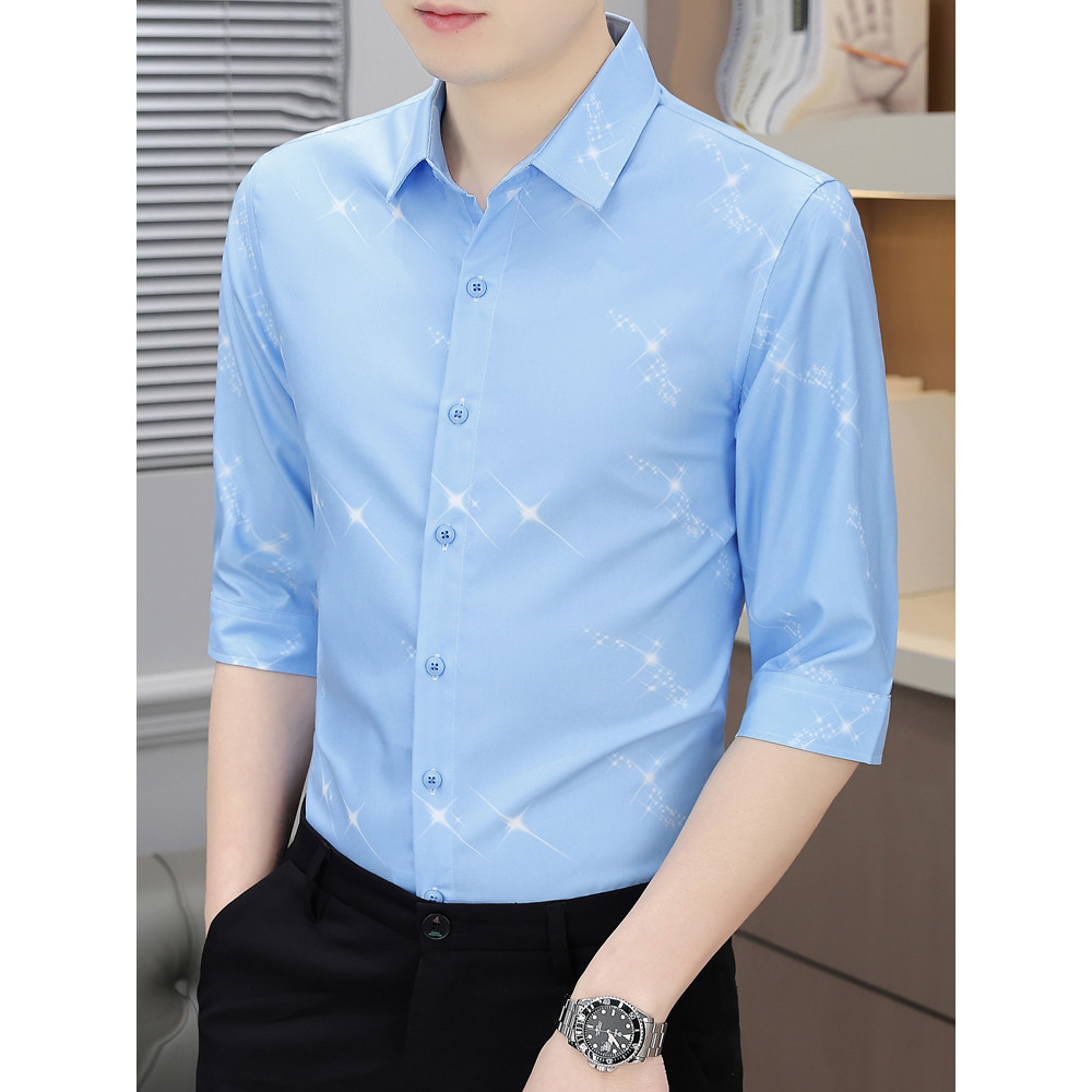 Camisa masculina de manga média de verão, sem ferro, antirrugas, estiramento, seda gelada, camisa estampada de alta qual