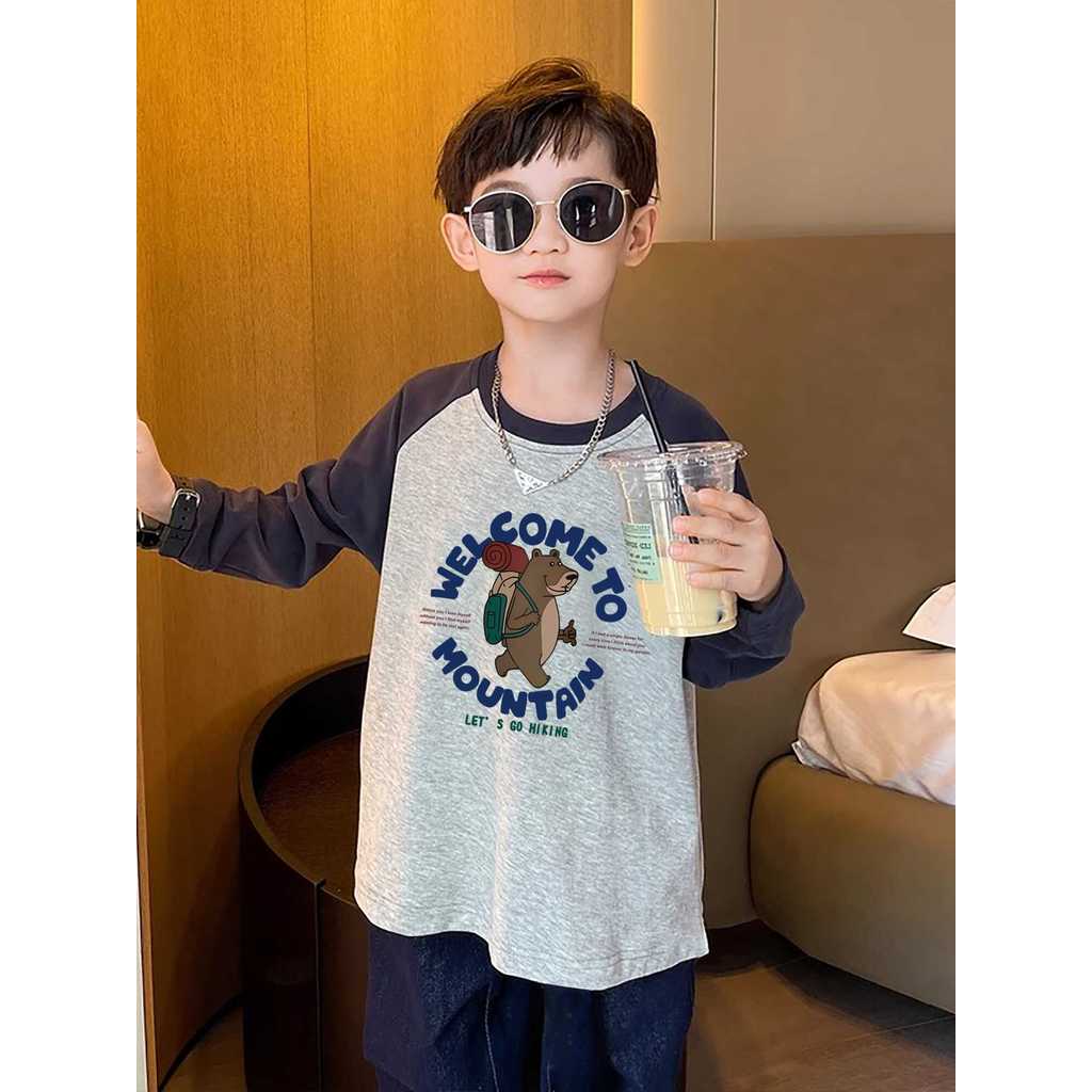 Meninos Raglan-ombro puro algodão dos desenhos animados de manga comprida camiseta puro algodão médio grande crianças ca