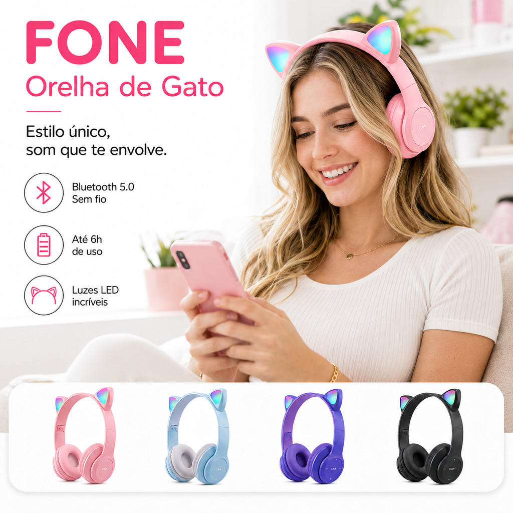 Fone De Ouvido Bluetooth Sem Fio Orelha De Gato LED Gamer Dobrável Som HD Microfone PC