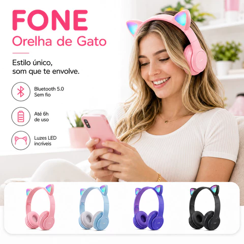 Fone De Ouvido Bluetooth Sem Fio Orelha De Gato LED Gamer Dobrável Som HD Microfone PC