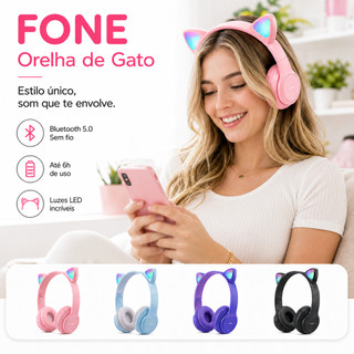 Fone De Ouvido Bluetooth Sem Fio Orelha De Gato LED Gamer Dobrável Som HD Microfone PC