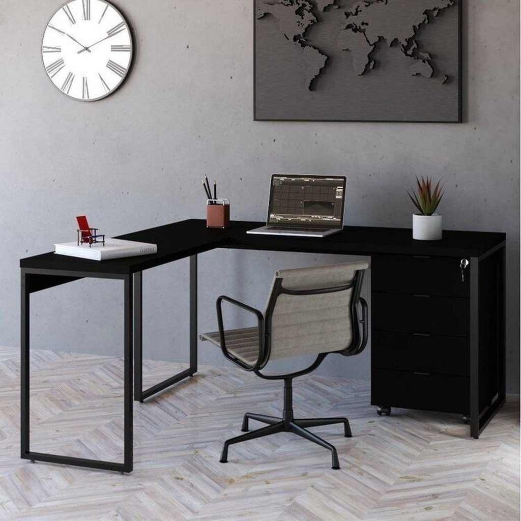 Escrivaninha Mesa Escritório em L Estilo com Gaveteiro Volante 4 Gavetas 150cm Yescasa Preto Ônix Preto Onix