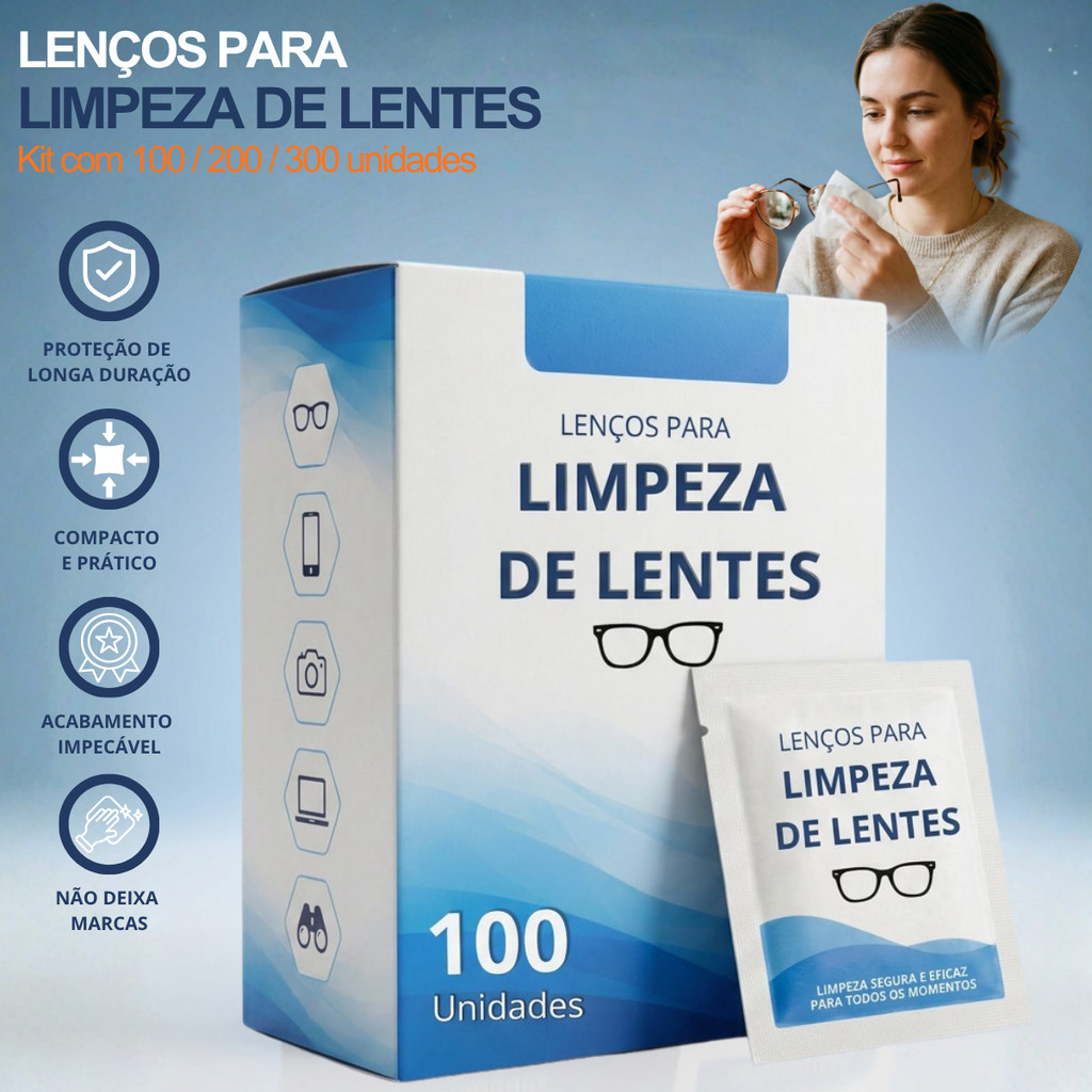 Lenço Umedecido Para Limpeza Lente Óculos Câmera Limpa Antiembaçante Descartável Wipes Lens Caixa 300/200/100 Unidades