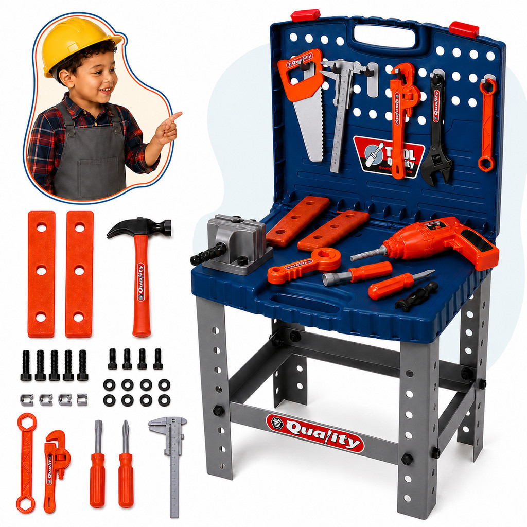 Kit Ferramentas Infantil Completo 53 Peças Mesa Bancada Vira Maleta 2 em 1 Furadeira Parafusadeira Oficina Kizumba
