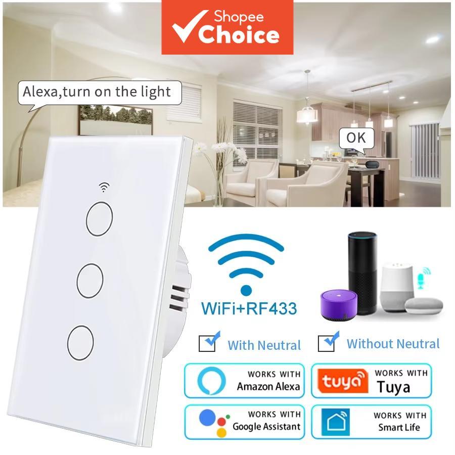 Interruptor Inteligente AXUS WiFi Touch US Sem Fio Neutro 1 2 3 Teclas Compatível com Apps Tuya Alexa e Google