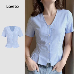 Lovito Elegante Blusa com Padrão Plissado Botões Blusa Azul de Primavera/verão para mulheres BLB198P1D220