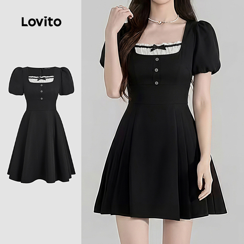 Lovito Vestido Elegante com Laço Plissado Bicolor Preto e Branco para mulheres L200AD045