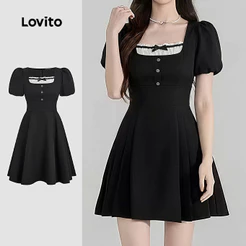 Lovito Vestido Elegante com Laço Plissado Bicolor Preto e Branco para mulheres L200AD045