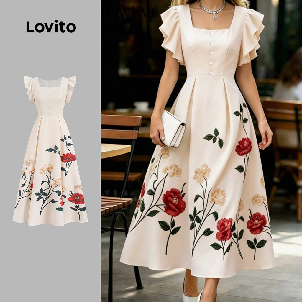 Lovito Vestido Elegante Babado Frente de Botões e Padrão Vestido Branco Offwhite para mulheres LBL37012