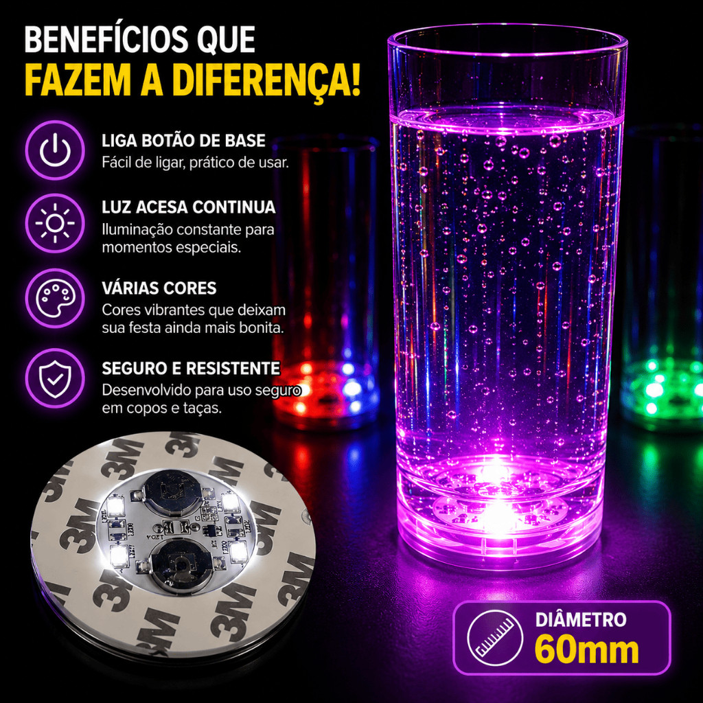 Base LED Luminosa Adesiva para Copos e Garrafas | Decoração Festa Balada Bar com Bateria