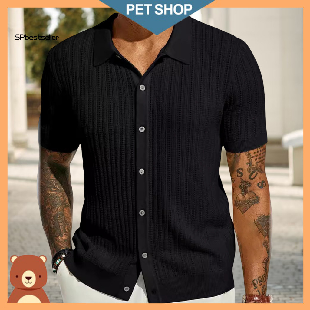 Men Casual Knitted Shirt Clothing Men's Summer Lightweight Breathable Short Sleeve Cardigan Lapel Collar Single-breasted