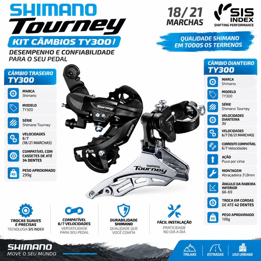 CAMBIO DIANTEIRO E TRASEIRO KIT SHIMANO ORIGINAL TOURNEY TY300 7 6 VELOCIDADES ARO 26 E 29 SPEED