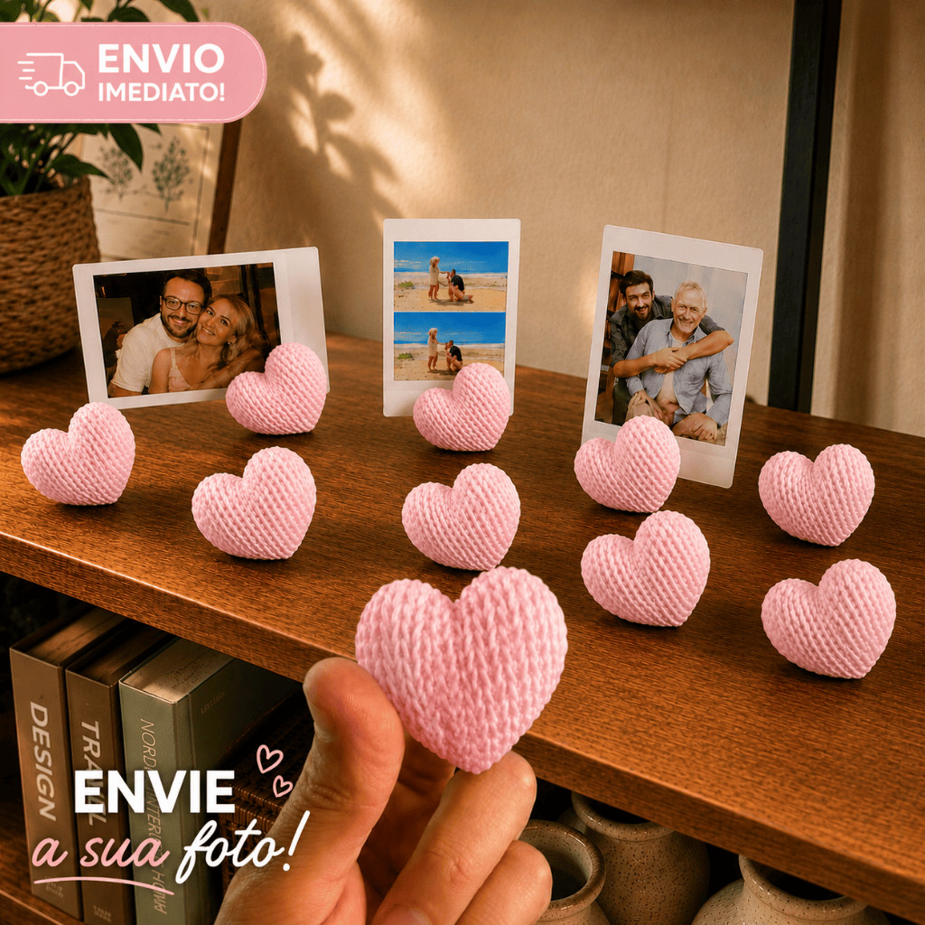 KIT com Porta Retrato Corações Tricô com ATÉ 10 UNIDADES  - Opção COM FOTO - 3 CORES DISPONÍVEIS