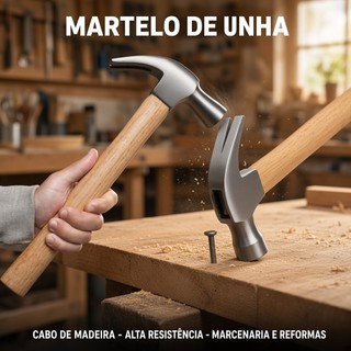 Martelo De Unha Com Cabo De Madeira Resistente Para Carpintaria E Reparos
