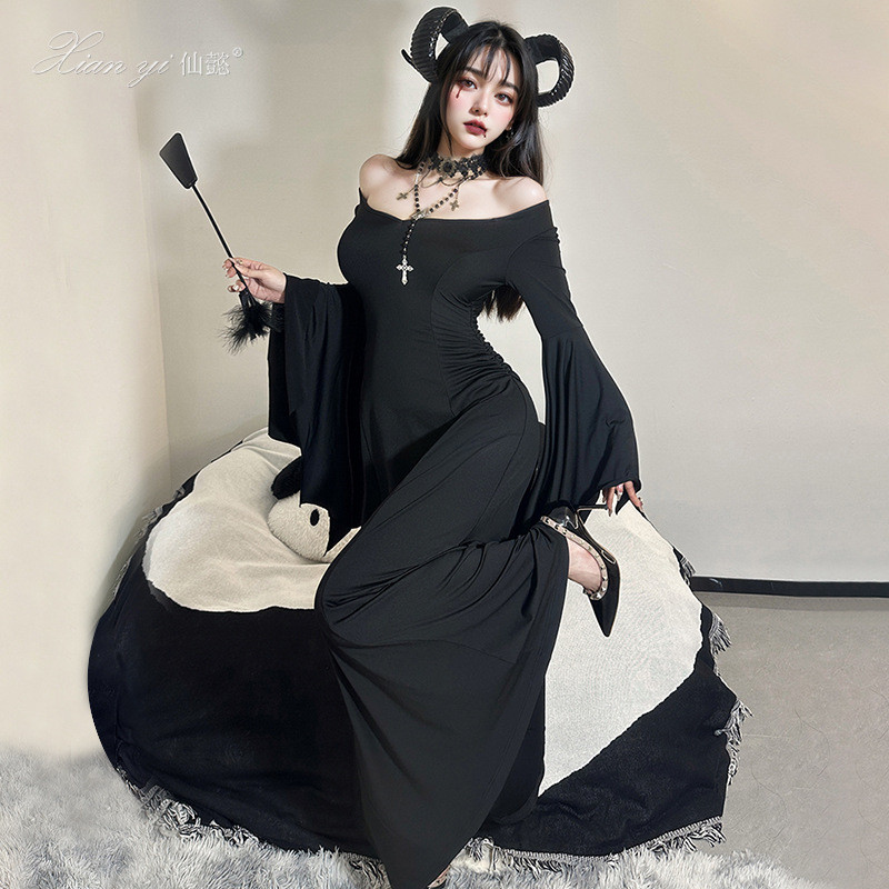 Xianyi puro desejo série escura High-End Halloween quente menina traje estilo gótico preto vestido de manga comprida rou