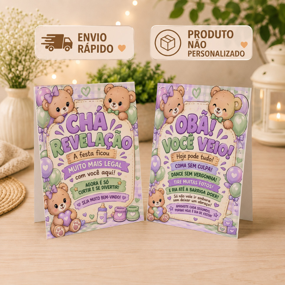 Plaquinhas de Mesa Agradecimento CHÁ REVELAÇÃO VERDE E LILÁS Centro de Mesa Lembrancinha de festa infantil