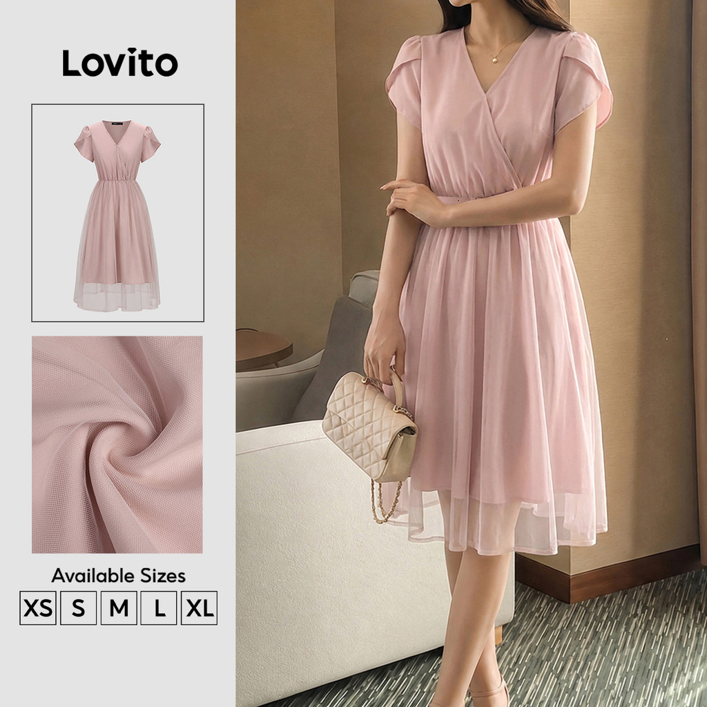Lovito Vestido Social Elegante De Duas Camadas Rosa Primavera/Verão Para Mulheres DRK8P1D746