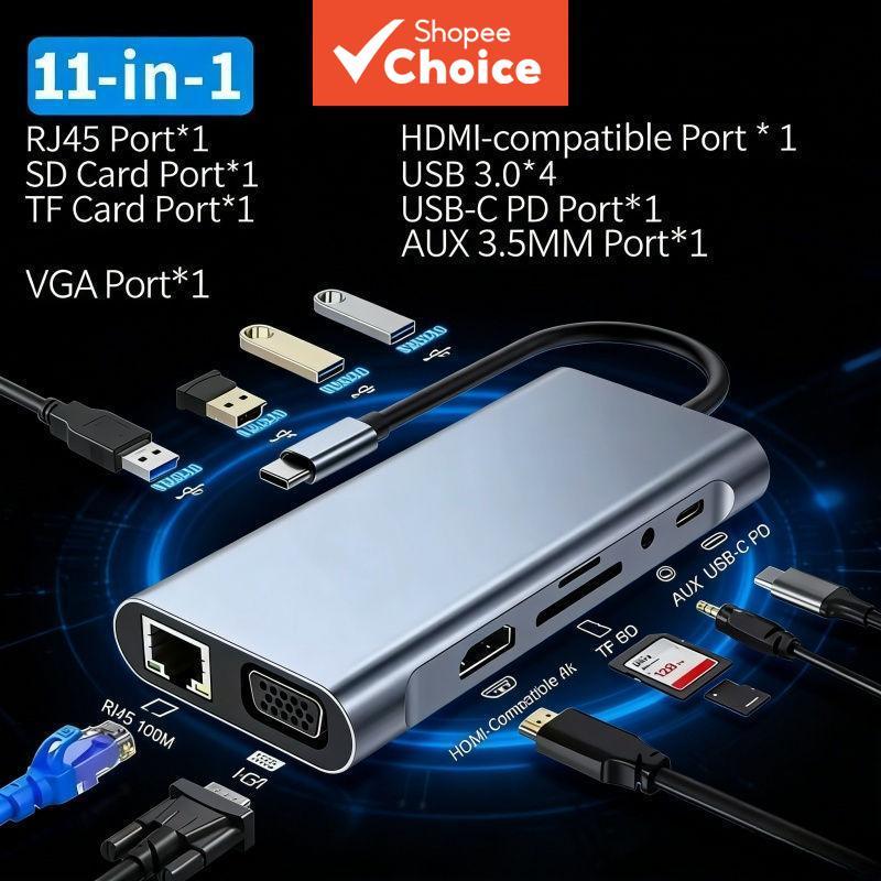 Estação de acoplamento 11 em 1 com HDMI 4K, VGA, USB 3.0, leitor de cartões SD/TF, adaptador Type C para MacBook Pro e