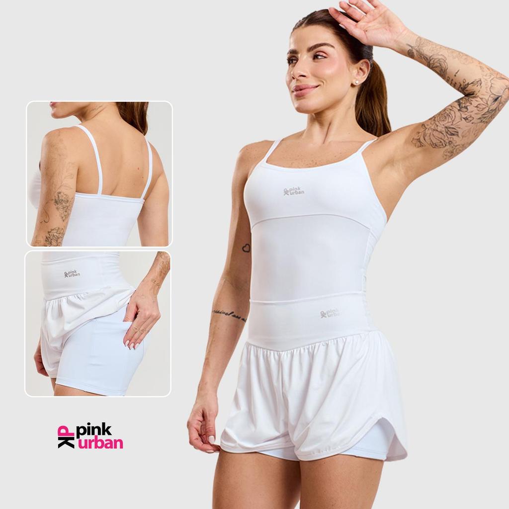 Conjunto Regata Camiseta Poliamida + Short Fitness Feminino Saia Beach Bolso Interno Soltinho Academia Esportivo