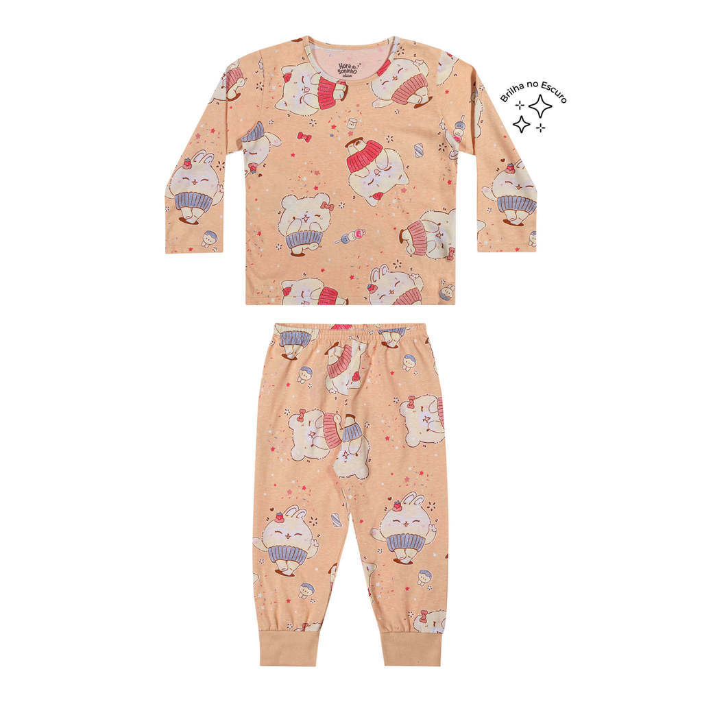 Pijama Longo Infantil Menina Doces Bichinhos Elian Bege