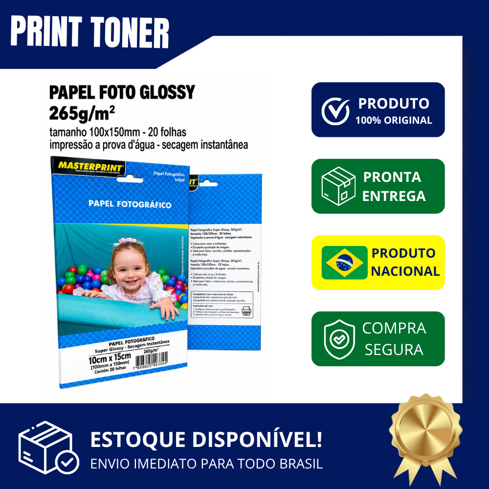 Papel Fotográfico Glossy 20 Folhas Secagem Rápida Resistente a Água 265g/m²