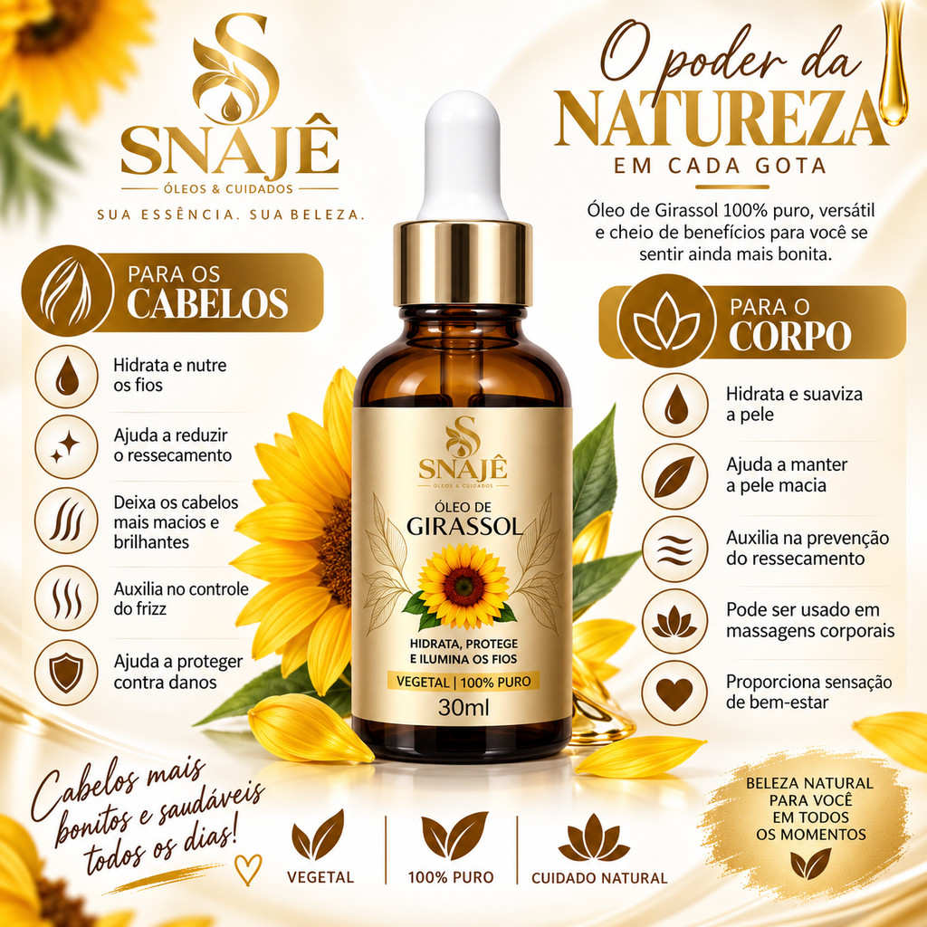 Oleo de Girassol Vegetal 100% Puro Para Cabelo e Pele Ricino Coco Argan Alecrim e Uva Esolha o seu
