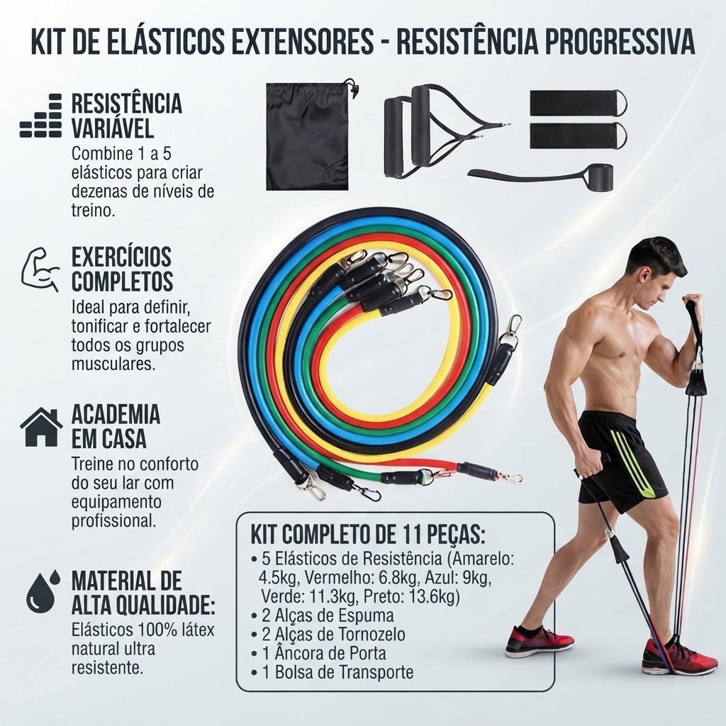 Kit 11 Pç Elastico Extensor Treino Funcional Academia Em Casa Ginastica 