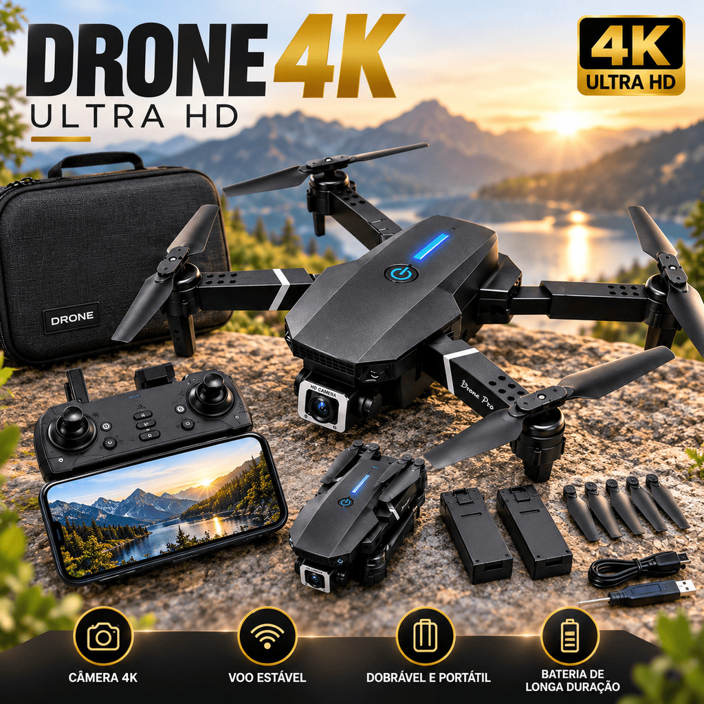 Drone E88 Pro Drone 4K A15 Alta Definição Câmeras Wi-Fi Radiocontrole Sensor Anti Colisão Quadricóptero Compacto Top
