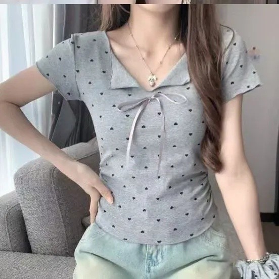 Pêssego coração bolinhas curto manga curta topo feminino verão miu dopamina bonito único bonito ootd usar camiseta de ci