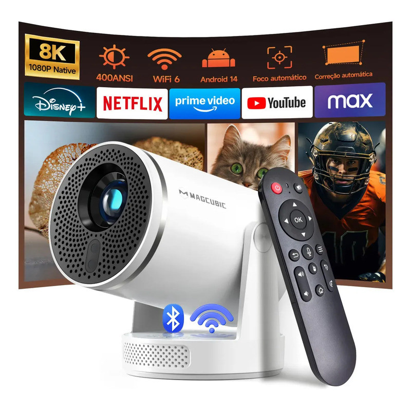 Magcubic HY320Pro Projetor Android 14 400ANSI Foco Automático 4K Support Nativo 1080P WIFI 6 BT5.4 Portátil Projetor