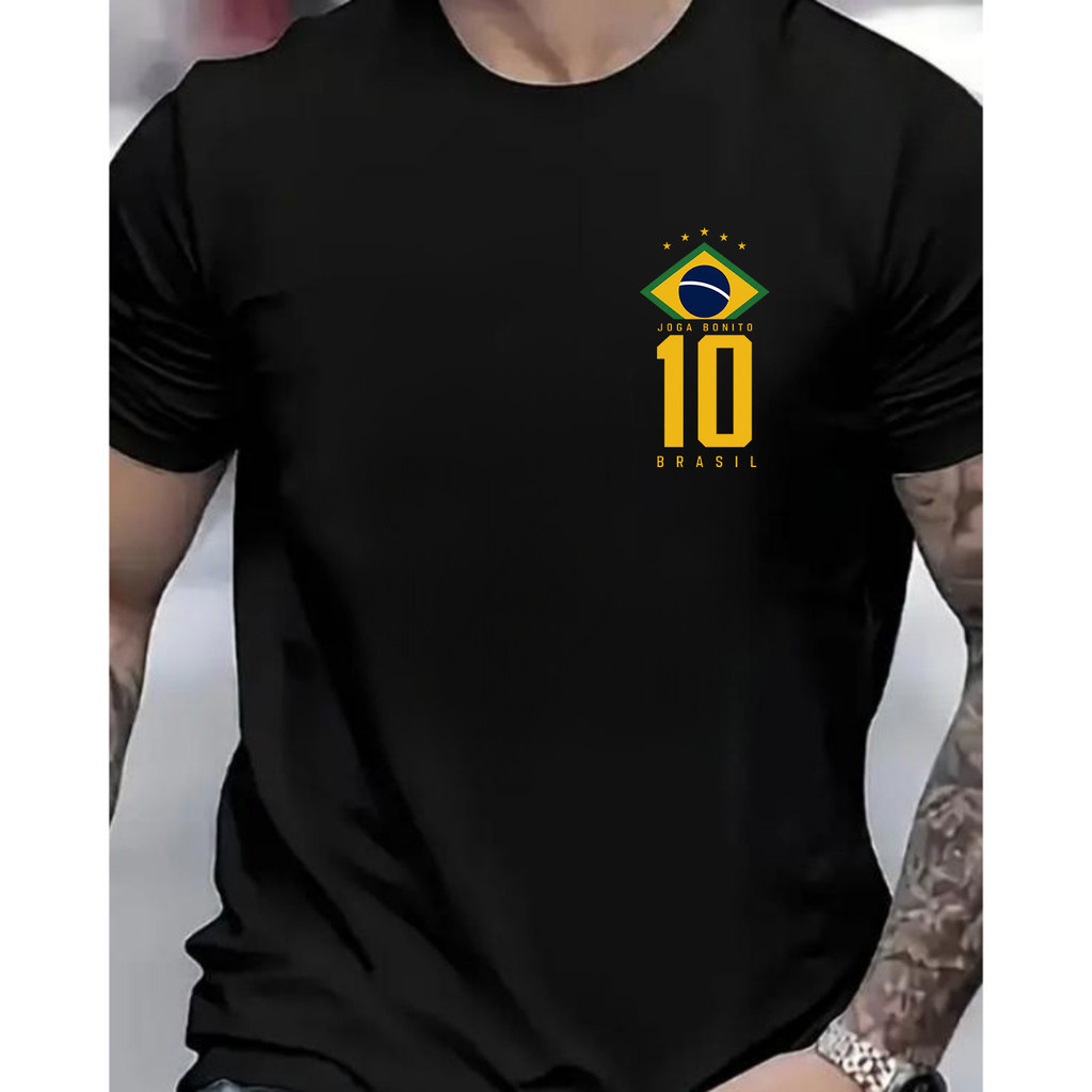 [Camiseta Premium em Algodão Puro]VU Masculino Curto Brasil 10 Camiseta Futebolista Estilo Futebol Amarelo Verde Goleiro