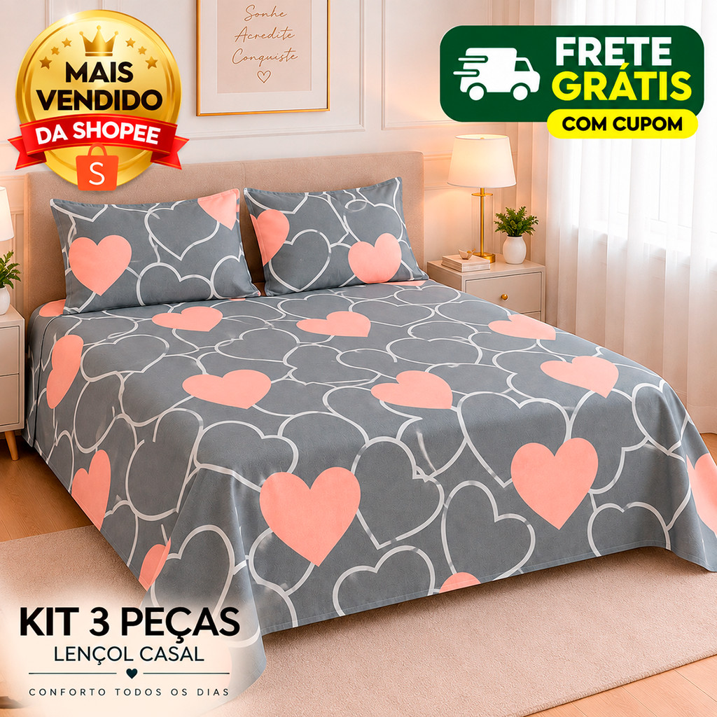 Kit Jogo 3 Pçs Lençol Cobre Leito Percal 500 Fios Casal Queen Toque Algodão 2 Porta Travesseiro
