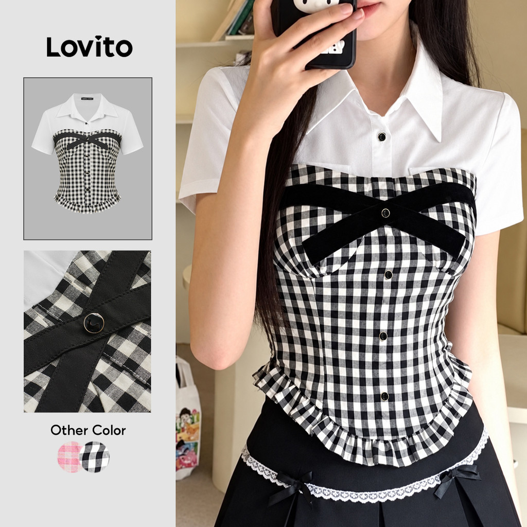 (New Arrival) Lovito Blusa Casual Gingham Fake 2 Em 1 Blusa Verão/Primavera Para Mulheres L117AD386