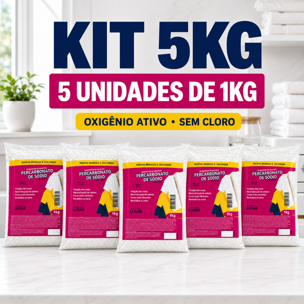 Percarbonato de Sódio 5kg Kit Econômico 5x1kg Tira Manchas Oxigênio Ativo Sem Cloro