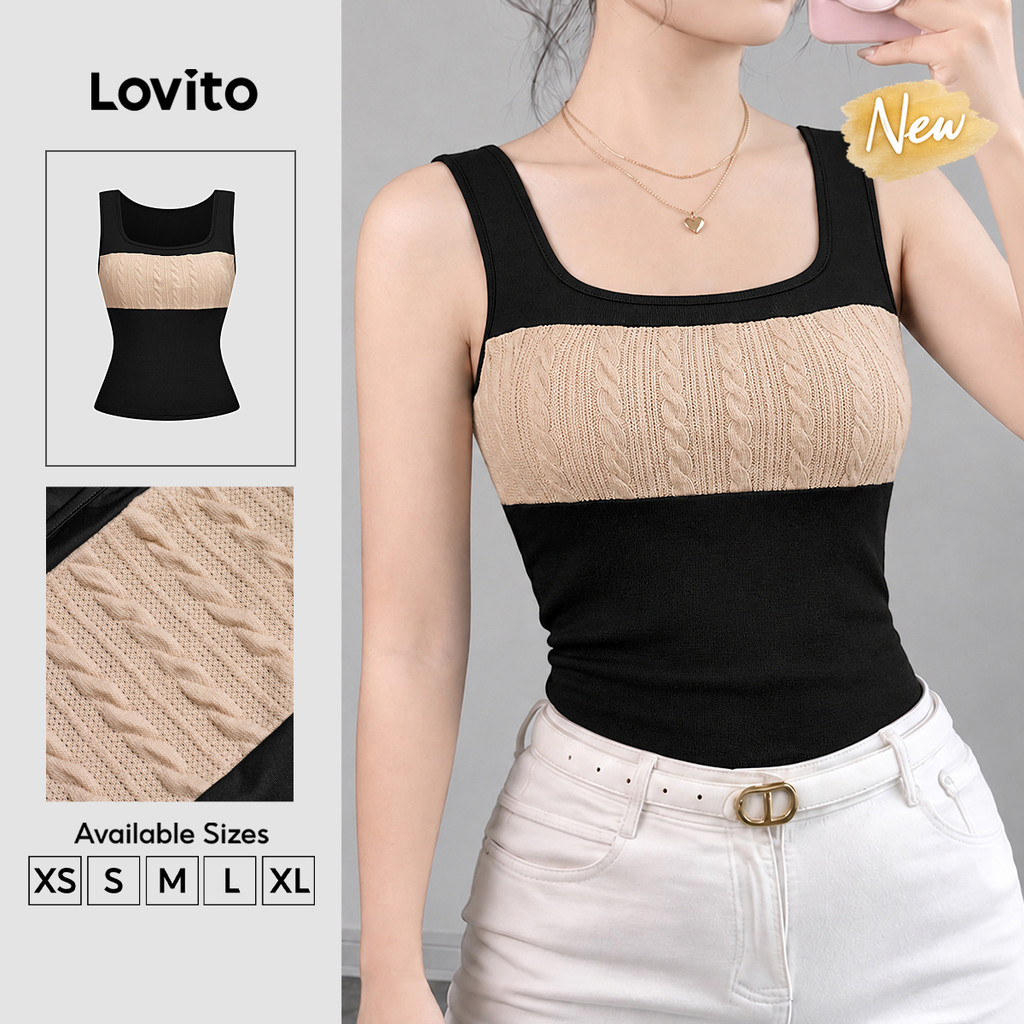 (New Arrival) Lovito Top Feminino Preto Casual Sem Mangas Gola Redonda Tecido Com Textura E Costura primavera/verão TKK10P1D101