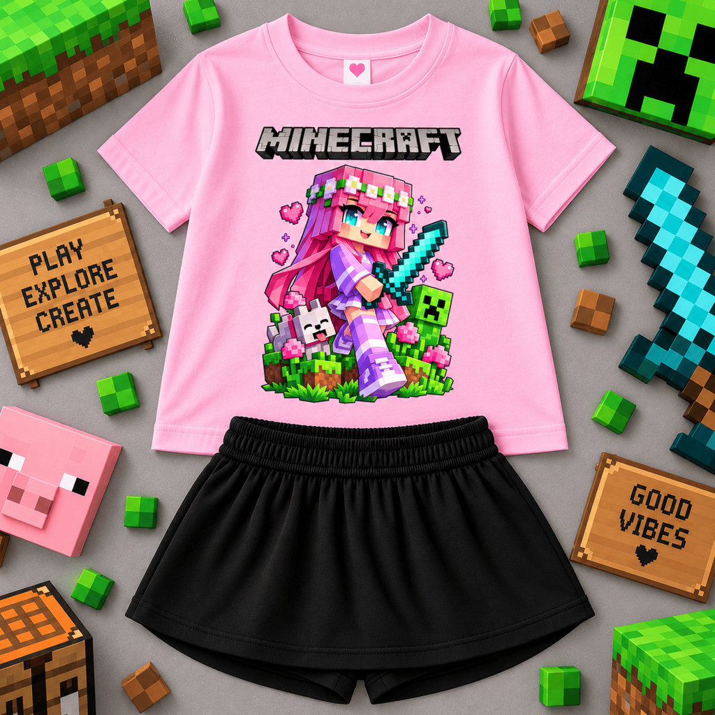 Conjunto Infantil Feminino Minecraft Gamer Camiseta Estampada com Short Saia Preto Roupa Menina Verão