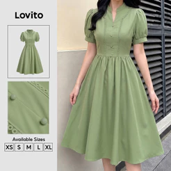 Lovito Vestido Casual Feminino Botão Frente Zíper Primavera/verão Cáqui LK7ED578