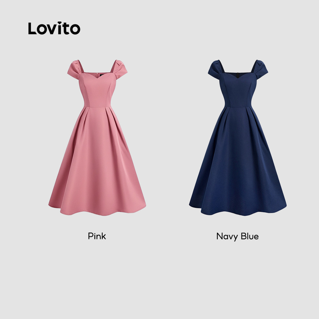 (Elegante) Lovito Vestido com Pregas Primavera/verão Vestido Azul Marinho para Mulheres L143ED089