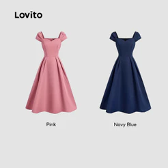 (Elegante) Lovito Vestido com Pregas Primavera/verão Vestido Azul Marinho para Mulheres L143ED089