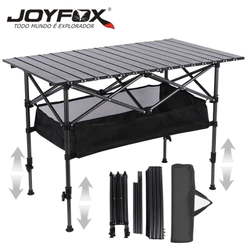 Mesa de Camping Dobrável JOYFOX 120x55cm Portátil com Altura Ajustável de 50 a 80cm e Rede Organizadora Inferior
