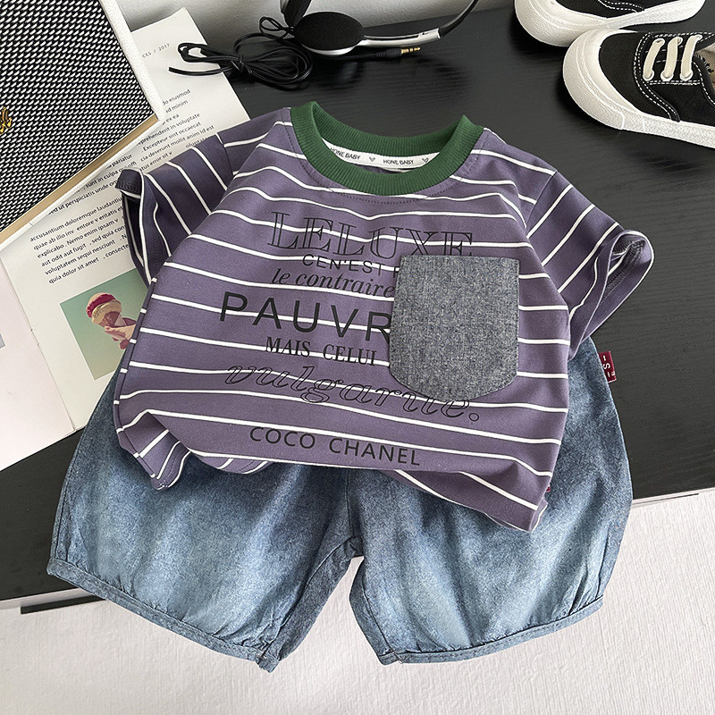 0-5 Anos Novo Bebê Meninos Meninas Conjuntos De Roupas De Verão Crianças Infantil Listrado Carta Impressa Camiseta + Sho