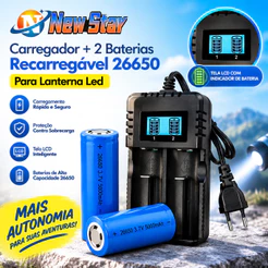 Carregador + 2 Baterias Recarregável 26650 Para Lanterna Led
