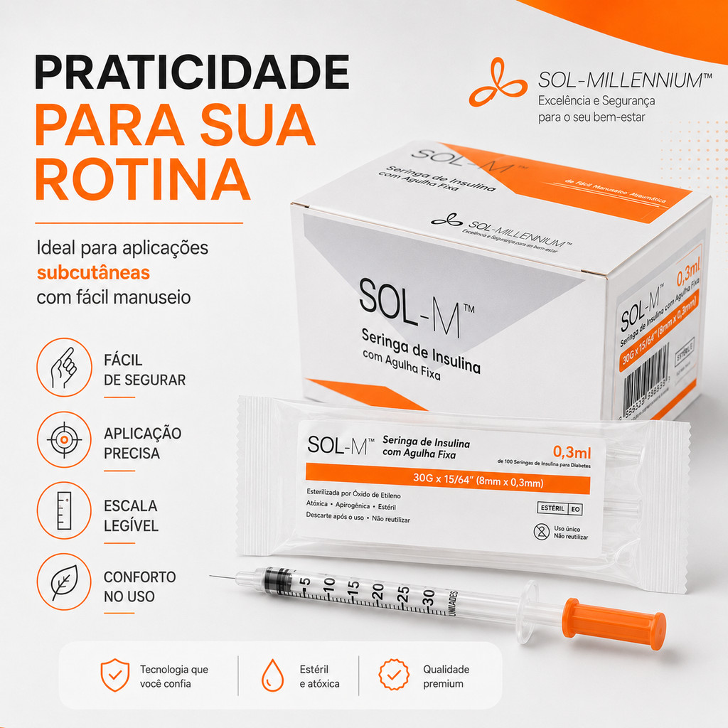 Kit 20 Seringas Insulina 0,3ml 30 UI Agulha Fixa Ultrafina 8x0,3mm 30G Sol Millennium