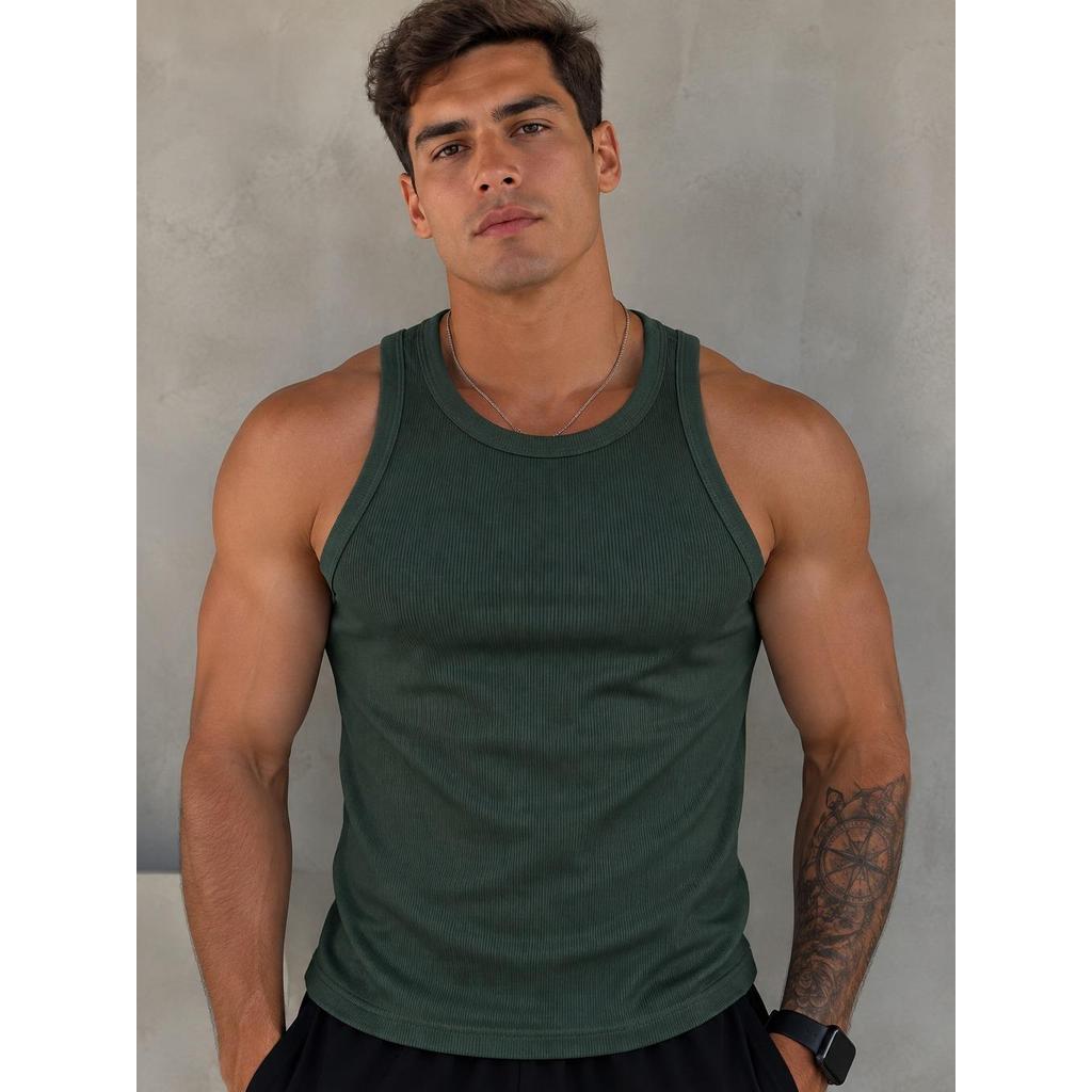 Regata Masculina Canelada Ribana Slim de Algodão com Elastano, Camiseta Sem Manga Confortável e Ajustada para Academia