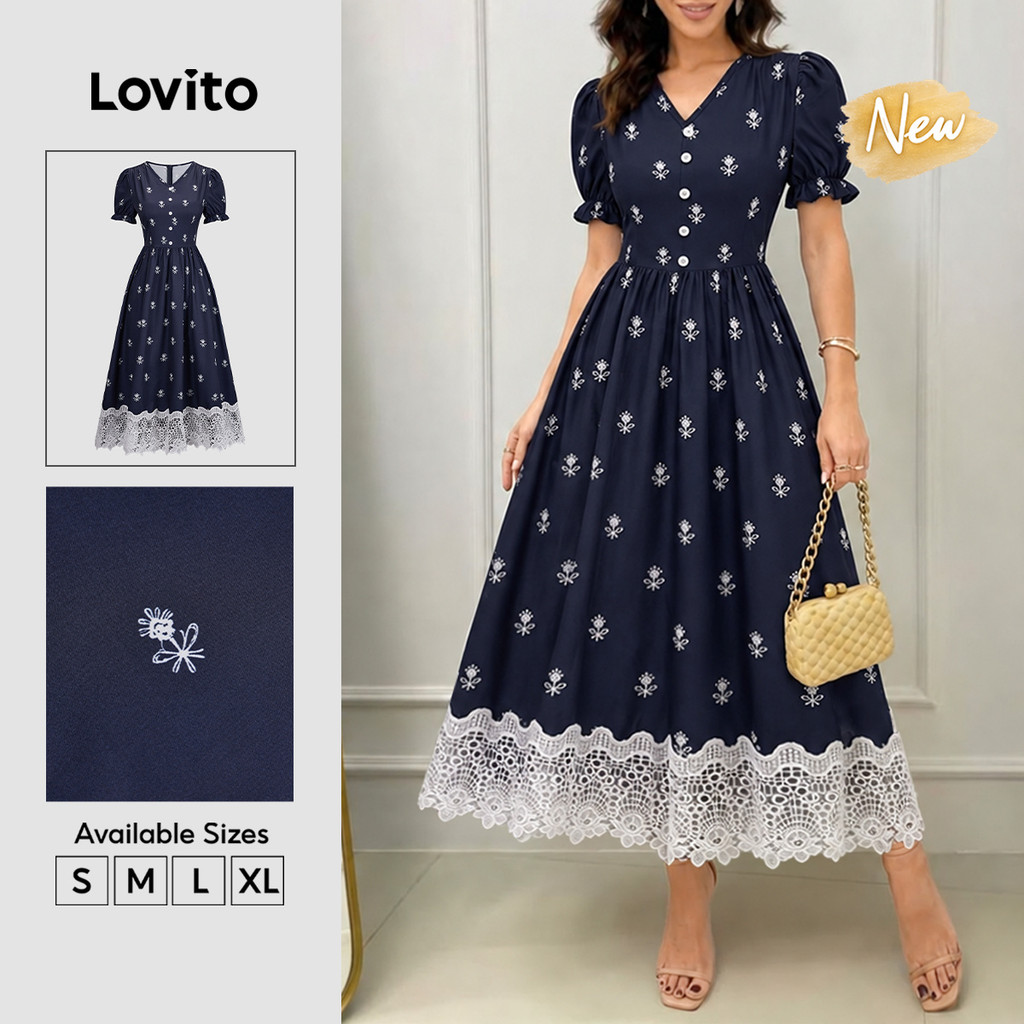 (New Arrival) Lovito Vestido Feminino Casual Azul Escuro Com Estampa Floral Miúda Renda Botões E Babado Longo Para Primavera Verão Férias E Fins De Semana Bordado DRB40BR038