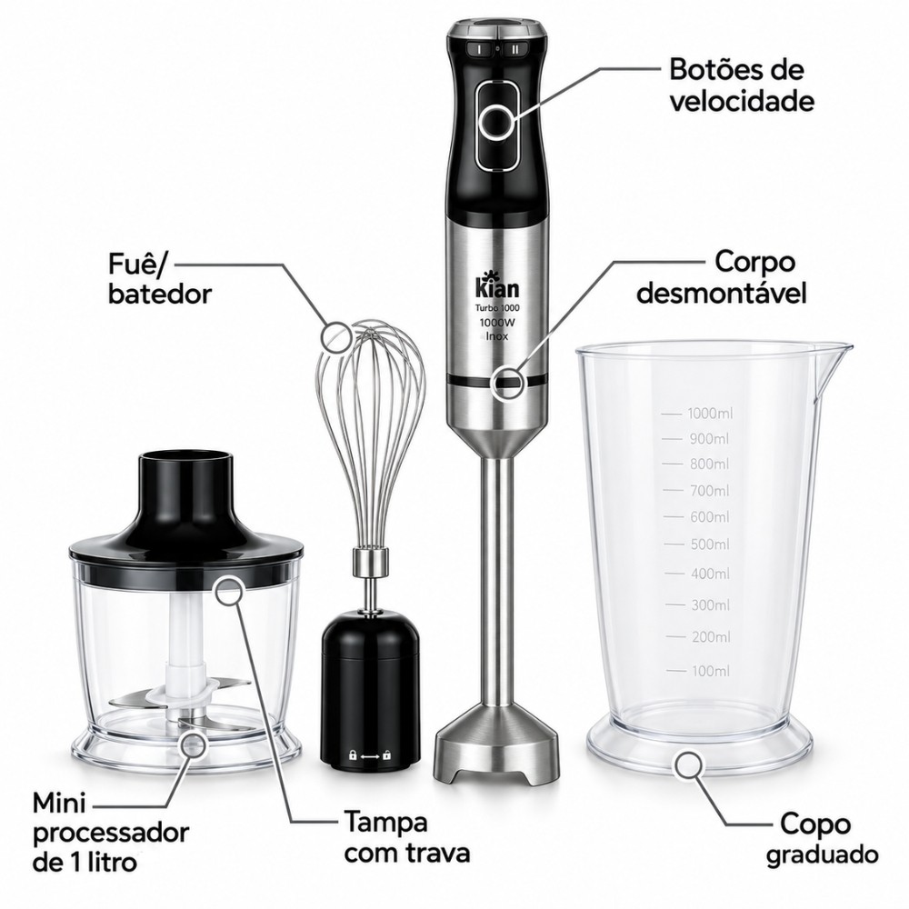 Mixer 3 em 1 Turbo 1000W 5 Velocidades Inox 127V MX-102 Kian — imagem 2 de 2