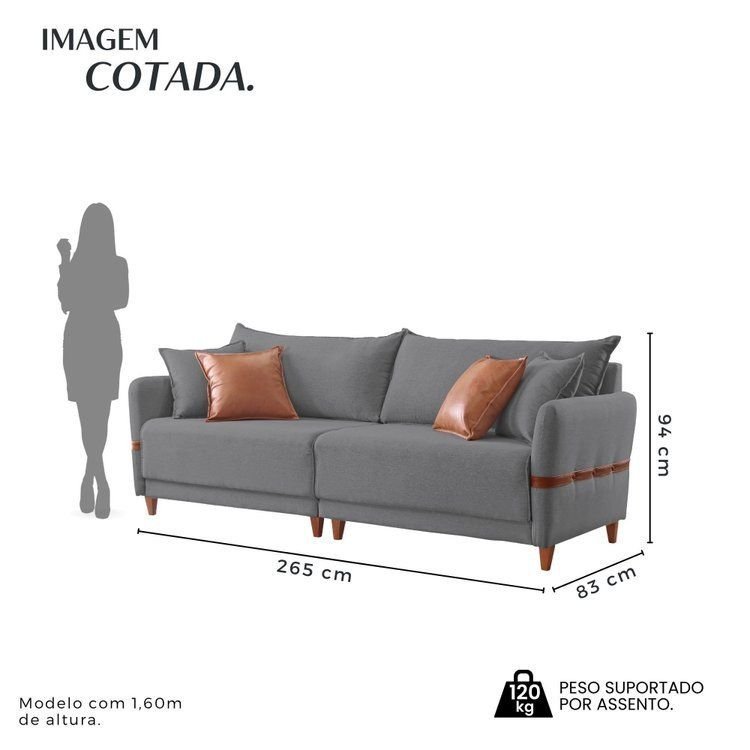Sofá Living Canela 4 Lugares 265 cm Linho Cinza/Marrom Cinza/Marrom — imagem 2 de 2
