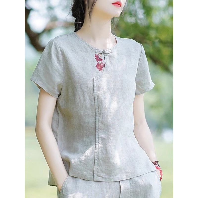 Algodão linho estilo chinês estilo chinês camiseta Retro roupas femininas 2026 verão novo estilo solto Casual topo curto