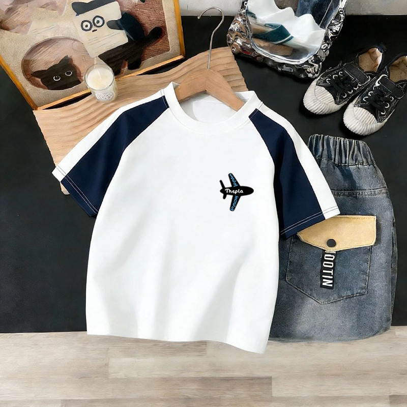 100% algodão meninos cor-bloqueando em torno do pescoço de manga curta camiseta 2026 verão médio grande crianças bebê do