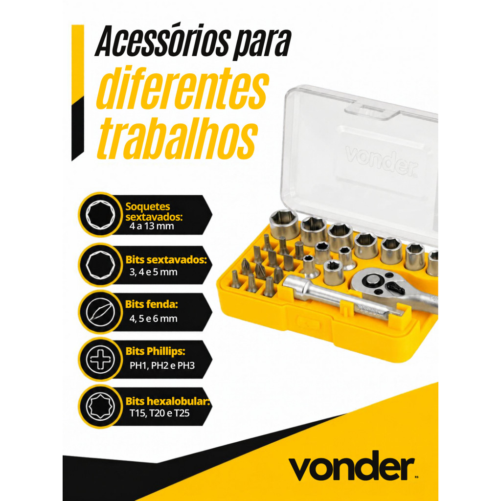 Kit 25 pçs Soquetes 1/4 Sextavados Vonder C/ Catraca Reversível Aço Cromo Vanádio Uso Profissional · foto 2